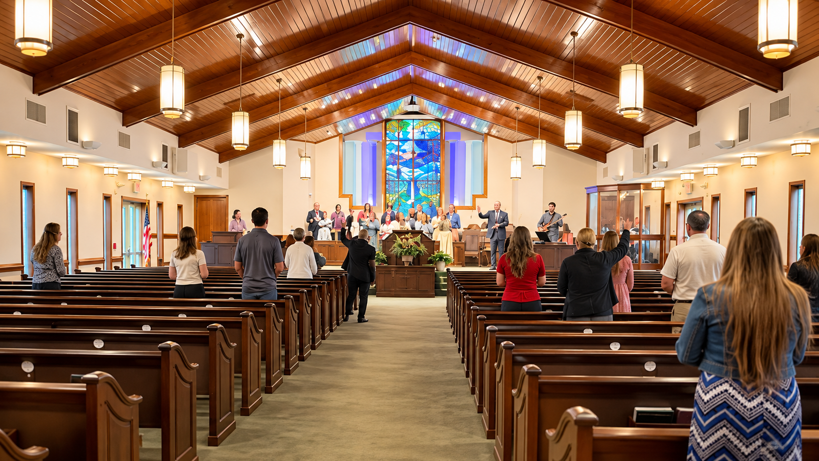 Church sanctuary with pews and a cross at the front